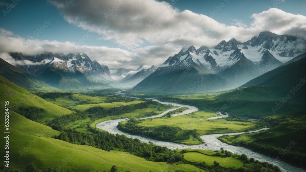 Snowy peaks guard a serene river at the mountain's feet, where nature's grandeur meets flowing tranquility in harmonious embrace. Snowy peaks guard a serene river at the mountain's feet, where nature's grandeur meets flowing tranquility in harmonious embrace.