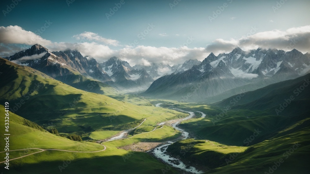Fototapeta premium Snowy peaks guard a serene river at the mountain's feet, where nature's grandeur meets flowing tranquility in harmonious embrace.