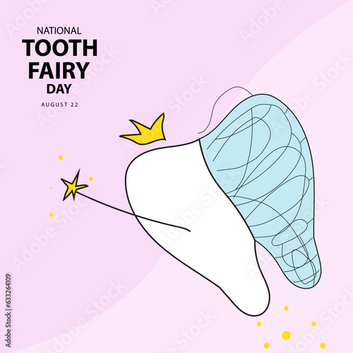 National Tooth Fairy Day on august 22 with vector illustration a mix between tooth and fairy and text isolated on soft purple background foe commemorate and celebrate National Tooth Fairy Day.