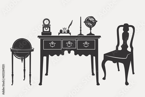 Antique writing desk, table clock, inkwell with feather, candlestick, astrolabe, armchair and celestial globe on stand. Retro interior. Isolated silhouettes of objects on a light background. 