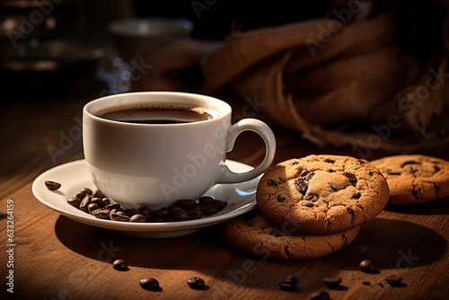 Freshly sweet Baked chocolate chip cookies and espresso. Steamy cup of coffee