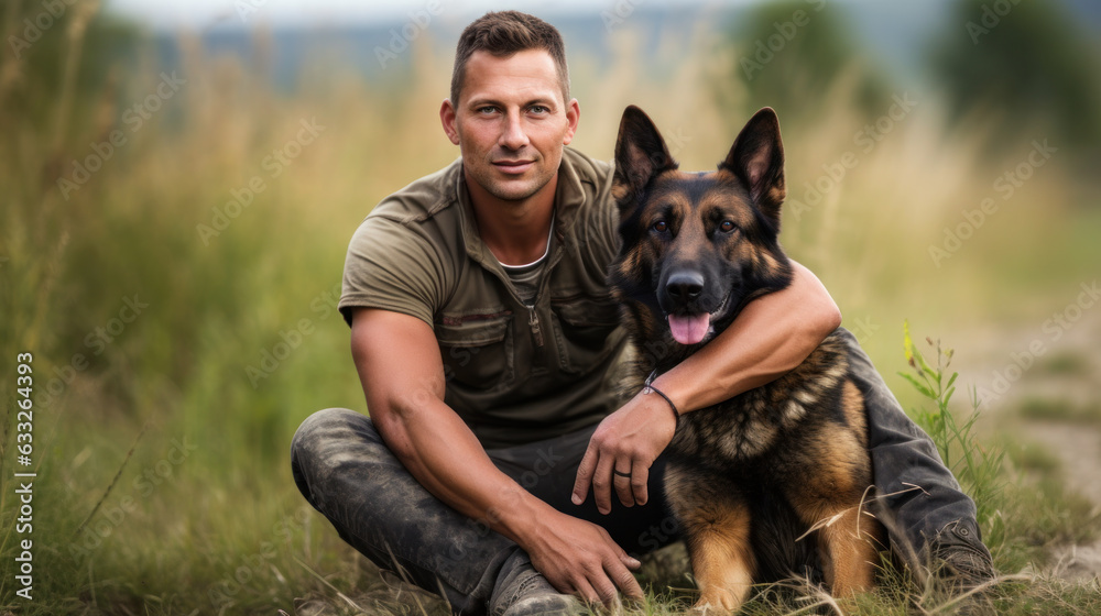 The young man sits embracing the big dog of breed a German shepherd The young man sits embracing the big dog of breed a German shepherd