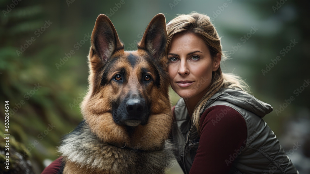 Attractive woman sits embracing the big German shepherd dog outdoors. Rural scene Attractive woman sits embracing the big German shepherd dog outdoors. Rural scene