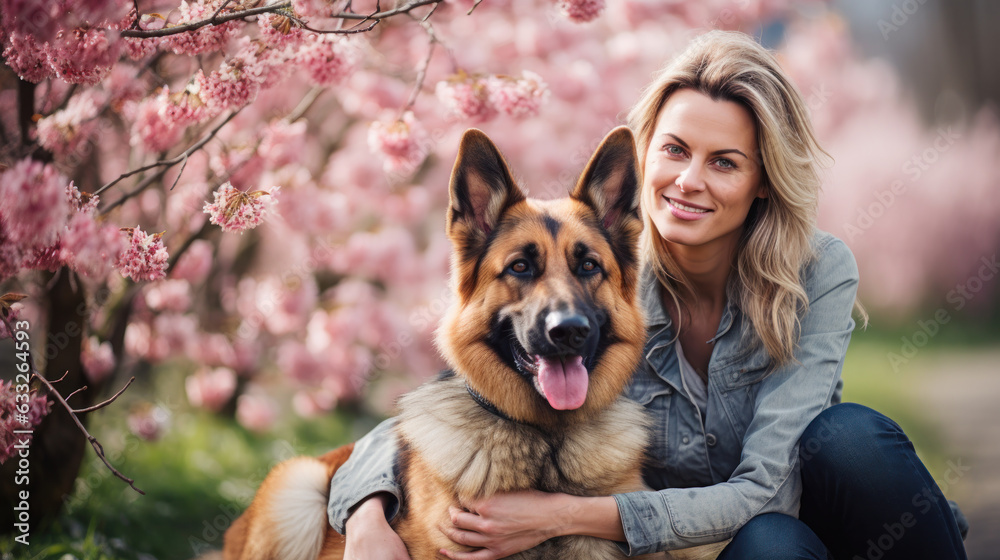 Attractive woman sits embracing the big German shepherd dog outdoors. Rural scene