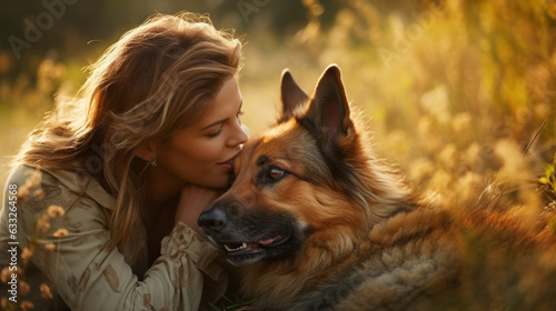 Attractive woman sits embracing the big German shepherd dog outdoors. Rural scene © darkhairedblond
