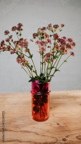 Portrait of flowers in a red glass vase