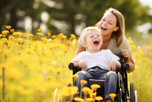 Fotobehang Happy moments: young paraplegic and a caring mother outdoors in summer, copy spa