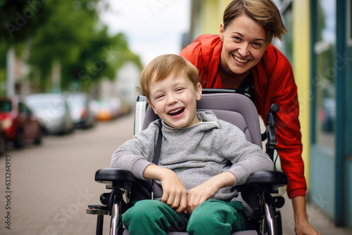A mother's love: disabled kid smiles on city street