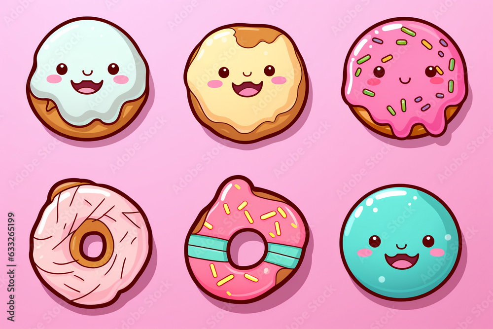 anime illustration style kawaii set of cute donut stickers