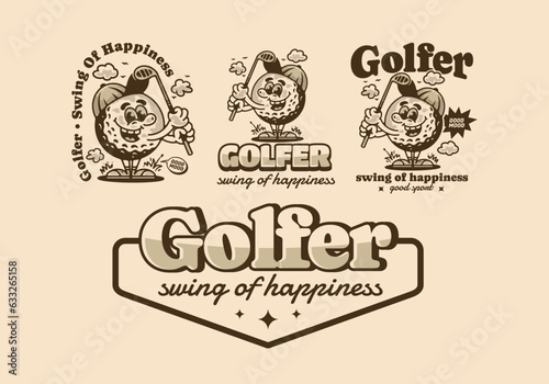 Golfer swing of happiness, mascot character illustration of golf ball holding a golf stick