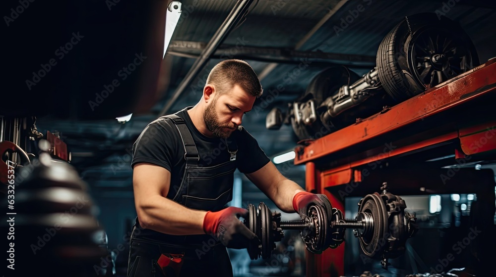 Technician focuses on inspecting and replacing the car's suspension spring, addressing wear, sagging. Generated by AI. Technician focuses on inspecting and replacing the car's suspension spring, addressing wear, sagging. Generated by AI.
