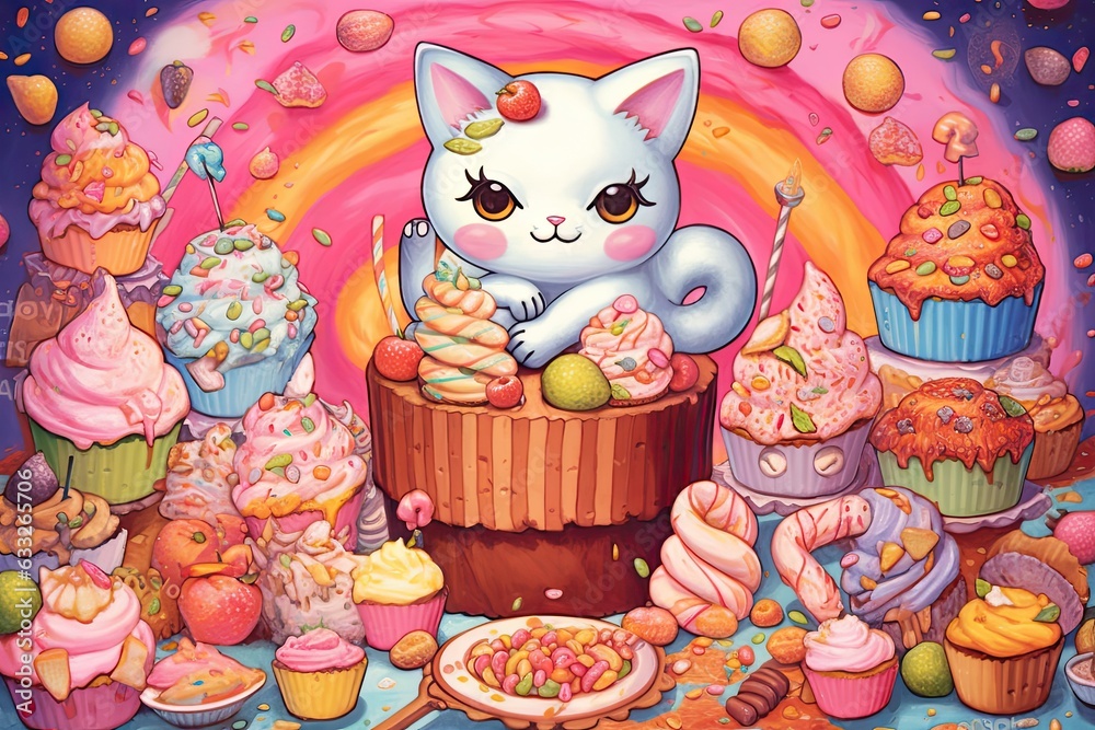 Sweet Delights: Colorful Pastel Treats Surrounding Kawaii Characters, Spreading Happiness and Warmth with Delightful Drawings, generative AI