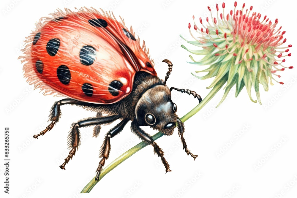 Fototapeta premium Adorable Ladybug Climbing on a Sprig of Clover: Red Wings, Black Polka Dots, generative AI