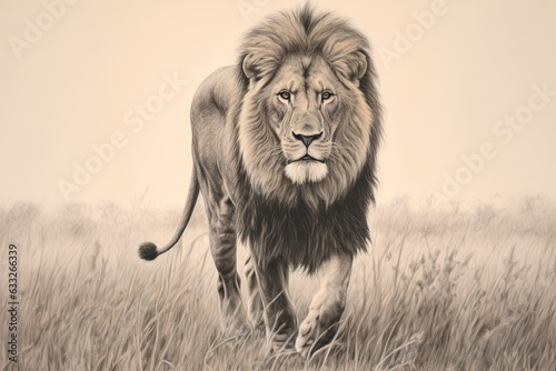Majestic Lion King: Ruling over the African Savannah with Noble Grace - Impressive Lion Drawing, generative AI