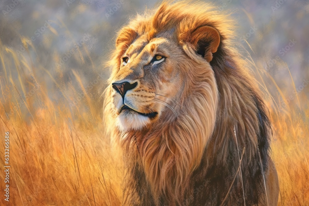 Regal Lion King: Commanding Respect in the Heart of the Savannah with a Golden Mane Fluttering in the Gentle Breeze - Unique and Royal Lion Drawing, generative AI