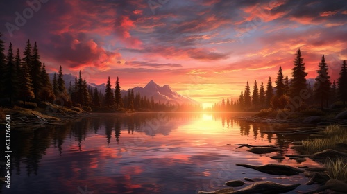 A beautiful sunset reflecting on a tranquil lake. Generative AI