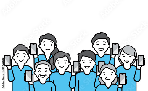 シンプルおしゃれなスマホ・スマートフォン・携帯を持つ家族・ファミリーの人物ベクターイラスト_水色_コピースペースあり