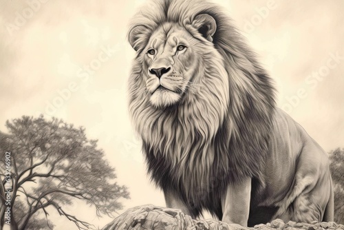 Regal Lion King Surveying His Kingdom  A Majestic Drawing with Golden Mane and Exuding Strength  generative AI