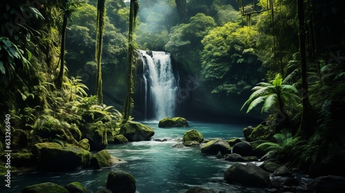 A breathtaking view of a waterfall in a lush rainforest. Generative AI