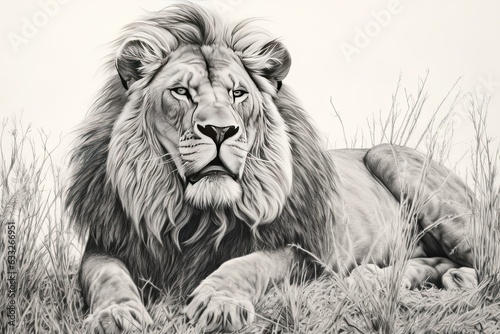 Regal Lion Resting on a Sun-Kissed Savanna: Majestic Mane Rustling in the Breeze - A Captivating Lion Drawing, generative AI