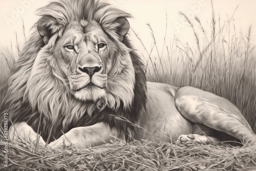 Sun-Kissed Savanna: Majestic Mane Rustling in the Breeze - A Regal Lion Drawing, generative AI