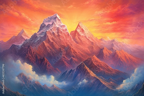 Conquering Heights: Majestic Mountain Range Bathed in the Radiant Glow of the Setting Sun, generative AI