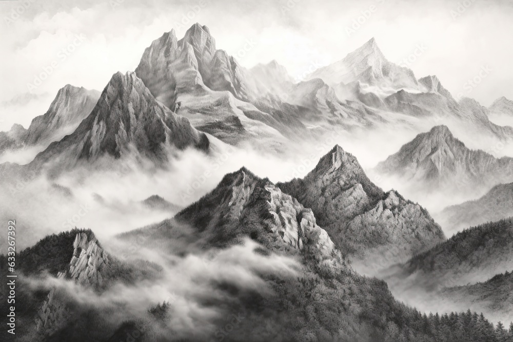 Majestic Mountain Range Embraced by Mist: Conquering the Horizon with Towering Majesty - A Captivating Drawing, generative AI