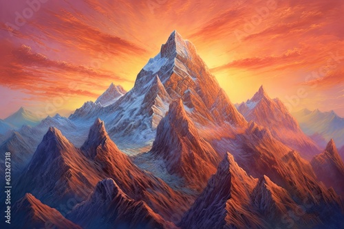 Conquering Heights: Majestic Mountain Range Bathed in the Radiant Glow of the Setting Sun, generative AI