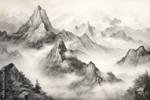 Majestic Mountain Range Embraced by Mist: Conquering the Horizon with Towering Presence through a Captivating Drawing, generative AI