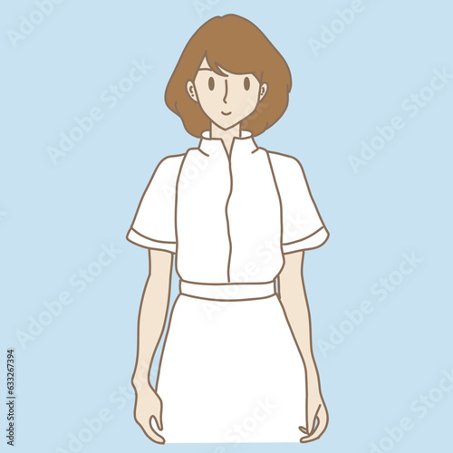 Woman standing and looking at the viewer. Female worker, golfer in white uniform. Hand drawn flat cartoon character vector illustration.. Hand drawn flat cartoon character vector illustration