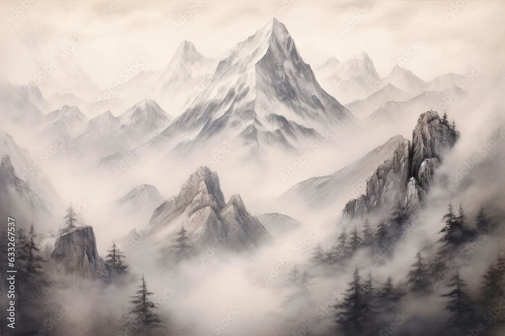 Misty Shroud Veils Majestic Mountain Range: Adventure and Serenity Captured in a Drawing, generative AI