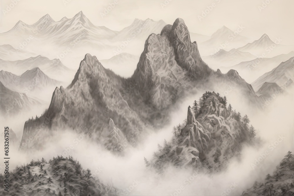 Nature's Silent Guardians: Majestic Mountain Range Veiled in Mist, generative AI