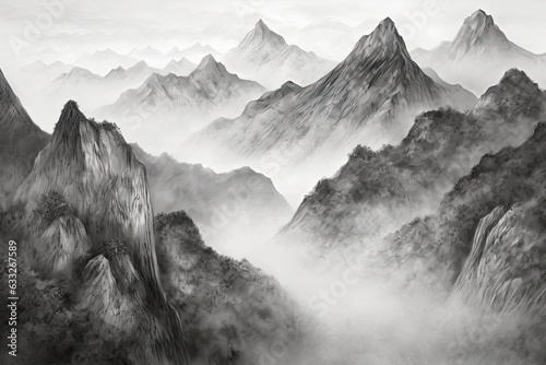 Majestic Mountain Range: Standing Tall and Serene, Wrapped in a Blanket of Mist, generative AI