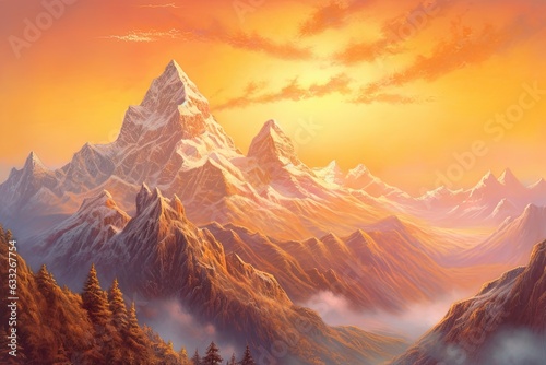 Peak Serenity: Majestic Mountains Bathed in the Golden Light of Sunrise - Inviting Wanderers to Embrace the Beauty of Nature through a Drawing, generative AI