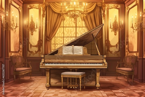 Passionate Melody in Lavish Music Hall: Elegant Grand Piano Drawing, generative AI