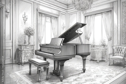 Melancholic Piano Melody Filling an Elegant Ballroom: Evoking Emotions of Longing and Serenity through a Drawing, generative AI © Trista