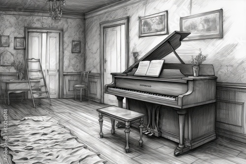Melancholic Piano Serenade: Filling the Air with Notes of Love and Longing through a Breathtaking Drawing, generative AI © Trista
