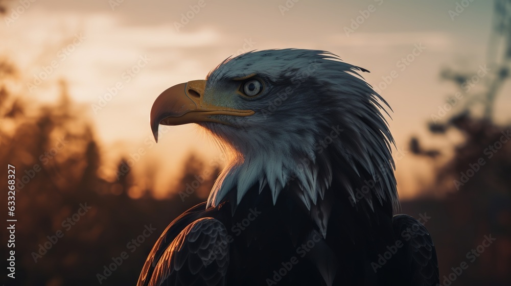 Fototapeta premium Exploring the Skies: A Generative AI Perspective on Canada's Majestic Bald Eagle during the Golden Hour