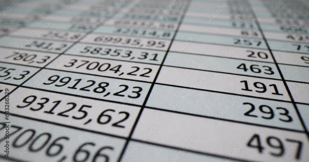 Random numbers in spreadsheet in columns and rows. Financial annual report of accounting department