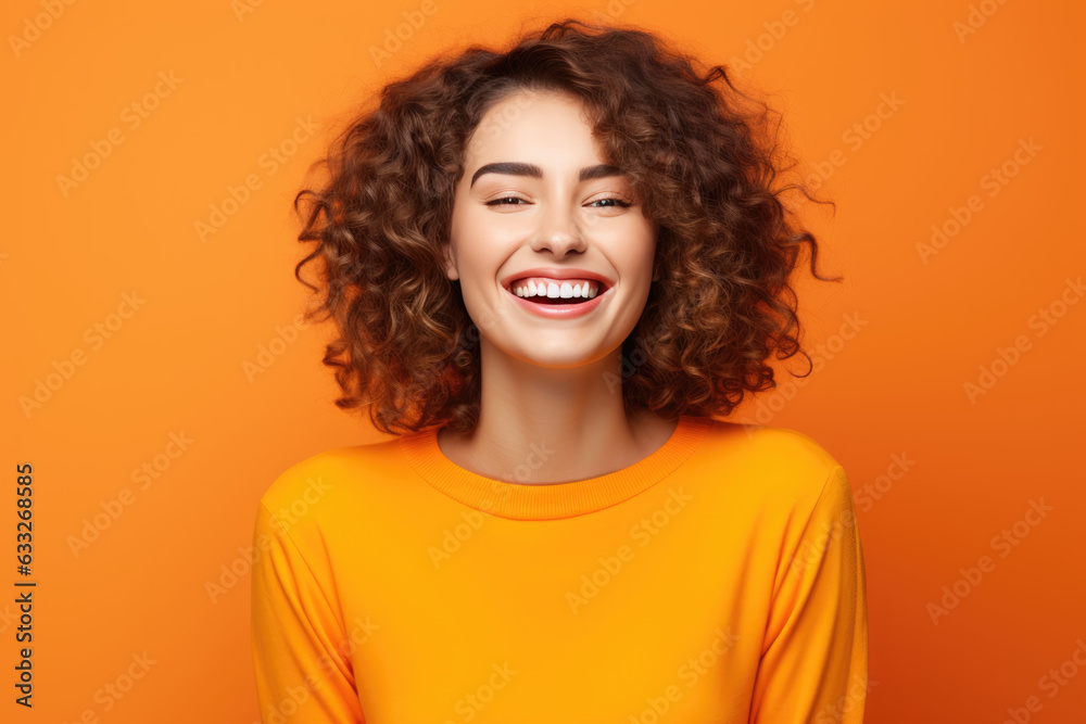 The Playful Happiness of a Woman, happy, funny and laughing. orange background The Playful Happiness of a Woman, happy, funny and laughing. orange background