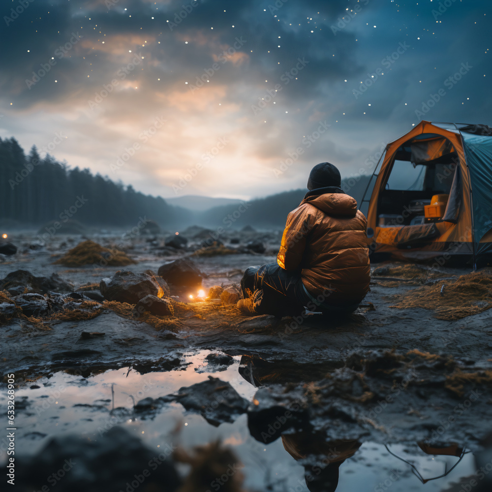 Un homme et sa tente autour d'un feu de camp au crépuscule