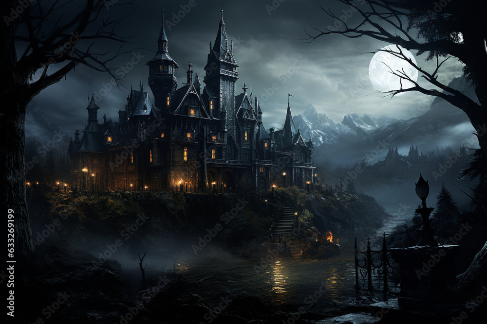 haunting scene of a gothic castle, with a vampire, capturing the essence of their eerie and timeless abode Generative AI