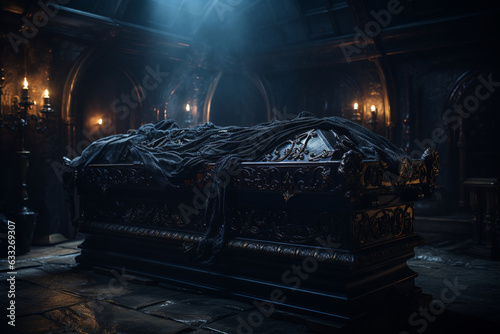 atmospheric shot of a vampire's coffin resting in a dimly lit chamber, suggesting their imminent return from slumber Generative AI photo