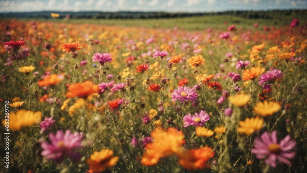 Fototapeta premium Sunset's warm embrace paints a vibrant meadow, where wildflowers sway, catching the golden rays in a picturesque symphony of nature.