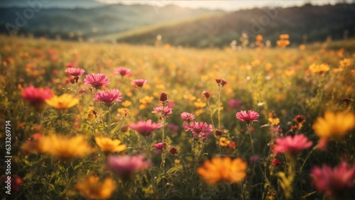 Sunset's warm embrace paints a vibrant meadow, where wildflowers sway, catching the golden rays in a picturesque symphony of nature.