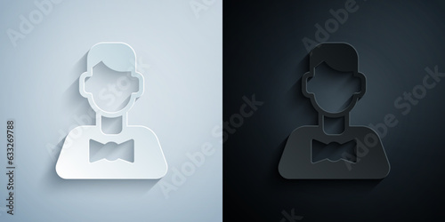 Paper cut Casino dealer icon isolated on grey and black background. Casino croupier. Paper art style. Vector