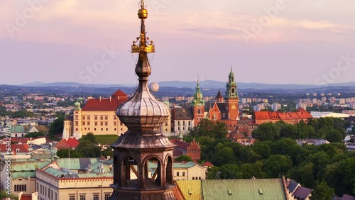 Royal town in Poland- Kraków. Summer, aerial drone footage. Krakow is medieval city in heart of Europe.