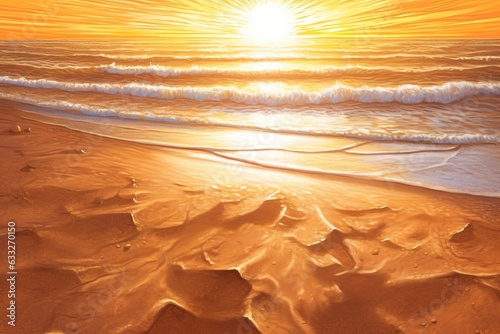 Radiant Sunbeams and Warm Golden Glow  A Tranquil Beach Drawing  generative AI