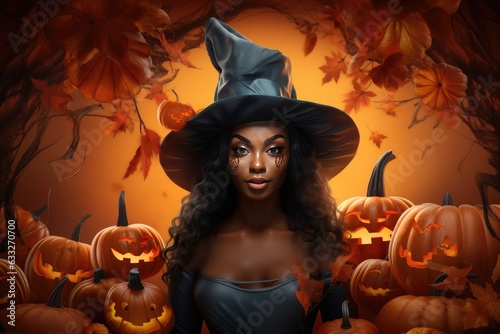 Black Halloween banner, African American woman on an orange banner with autumn leaves and pumpkins, created with generative AI