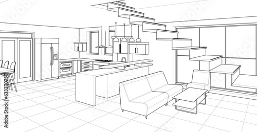  interior kitchen living room 3d illustration
